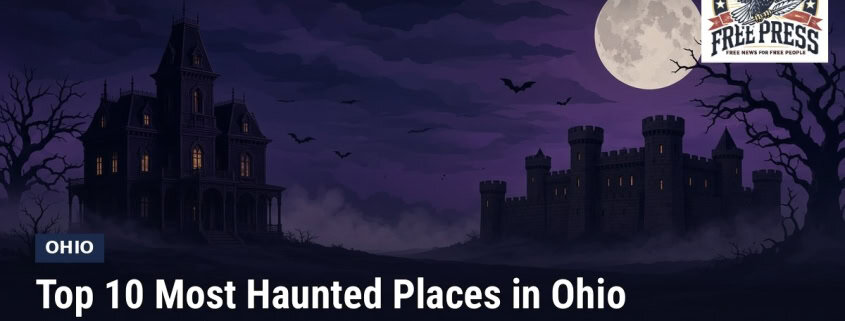 Fostoria News: Illustration of a generic Victorian mansion and an old stone prison silhouette under a full moon at night, with headline: Top 10 Most Haunted Places in Ohio (Allegedly)